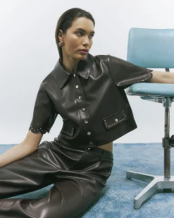 Brown Faux Leather Scallop Trim Studded Shirt