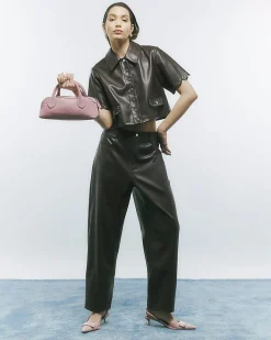 Brown Faux Leather Scallop Trim Studded Shirt