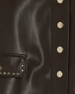 Brown Faux Leather Scallop Trim Studded Shirt