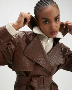 Brown Faux Leather Woven Effect Trench jacket