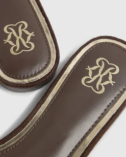 Brown Faux Suede Branded Flat Mule Sandals