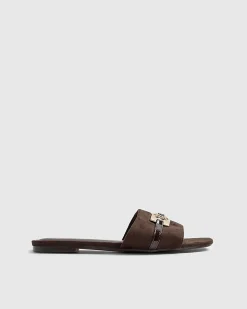 Brown Faux Suede Branded Flat Mule Sandals