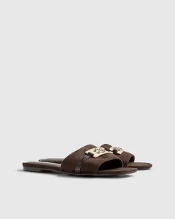 Brown Faux Suede Branded Flat Mule Sandals