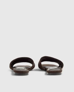 Brown Faux Suede Branded Flat Mule Sandals