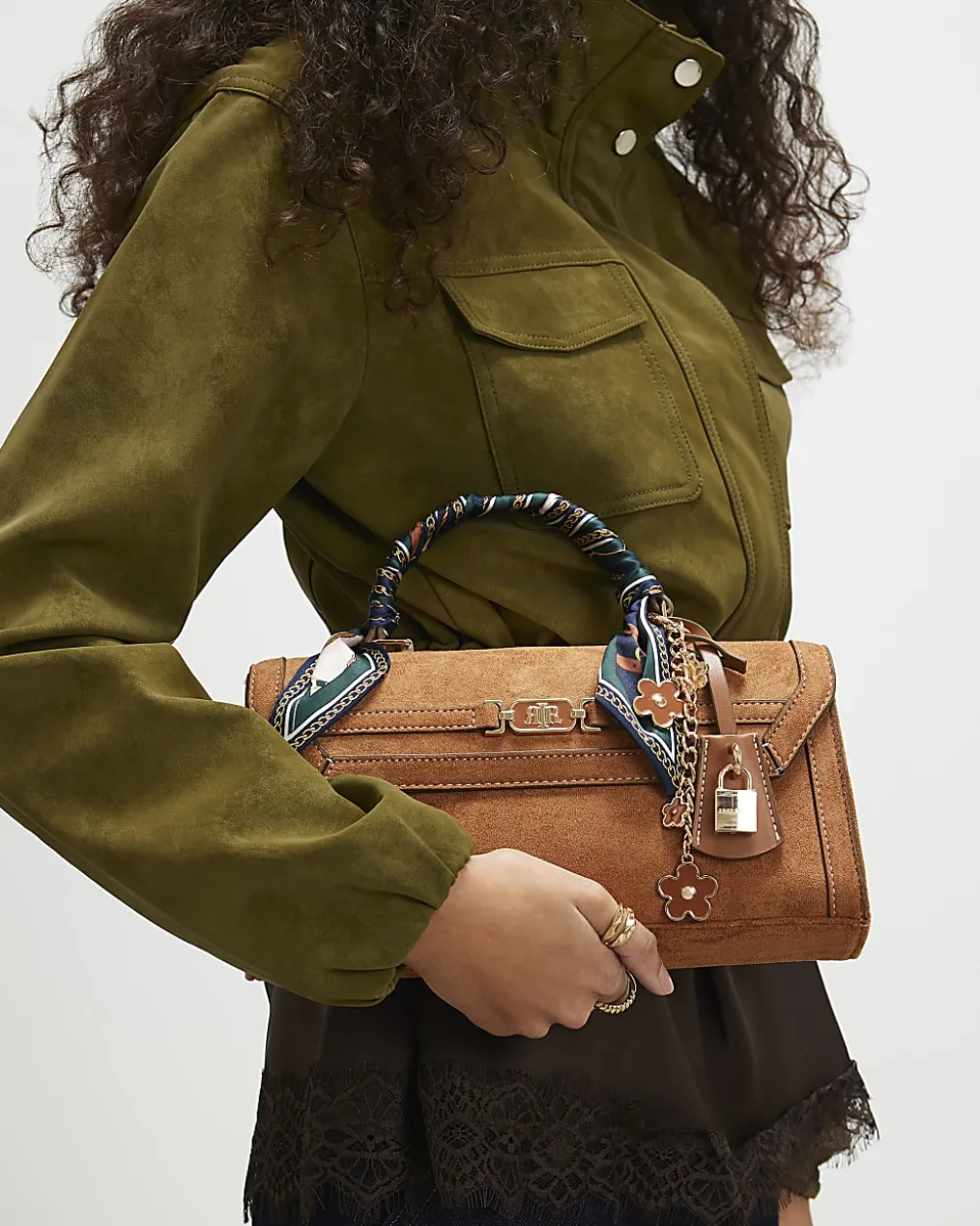 Brown Faux Suede Charms Cross Body Bag