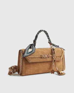 Brown Faux Suede Charms Cross Body Bag