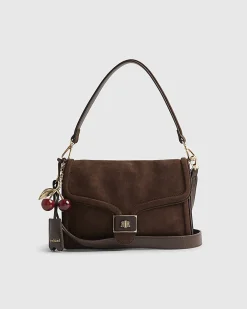 Brown Faux Suede Cherry Charm Shoulder Bag