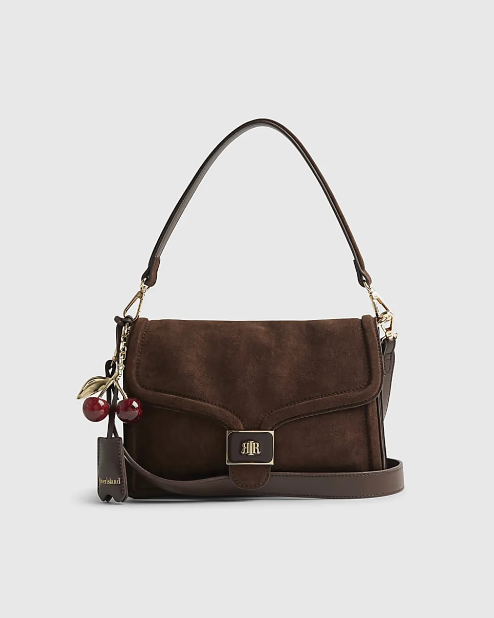 Brown Faux Suede Cherry Charm Shoulder Bag