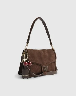 Brown Faux Suede Cherry Charm Shoulder Bag