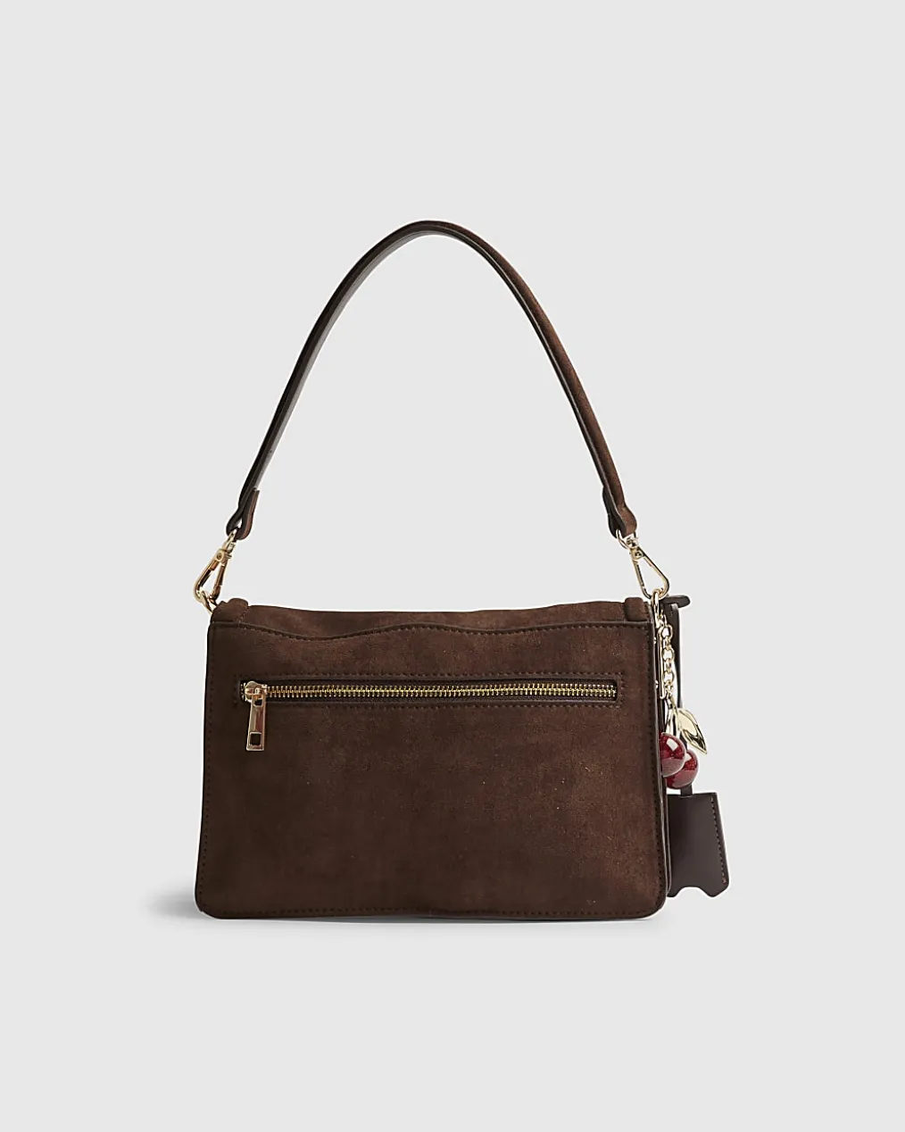 Brown Faux Suede Cherry Charm Shoulder Bag