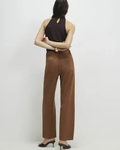 Brown Faux Suede Cropped Seam Front Trousers
