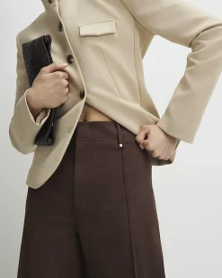 Brown Faux Suede Cropped Seam Front Trousers
