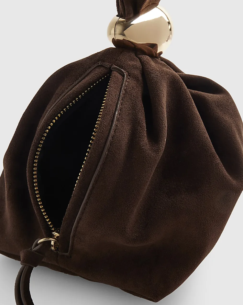 Brown Faux Suede Gold Detail Clutch Bag