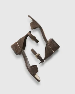 Brown Faux Suede Low Block Heel Sandals