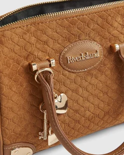 Brown Faux Suede Metal Corner Bowler Bag