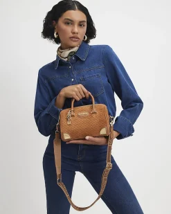 Brown Faux Suede Metal Corner Bowler Bag
