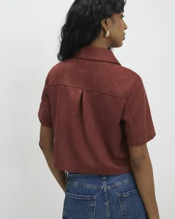 Brown Faux Suede Pocket Detail Collared Shirt