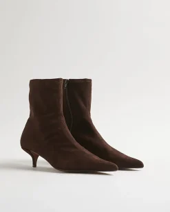 Brown Faux Suede Pointed Toe Sock Boots
