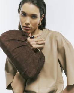 Brown Faux Suede Ruched Clutch Bag