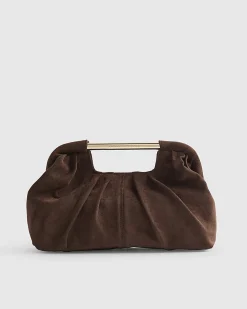 Brown Faux Suede Ruched Clutch Bag