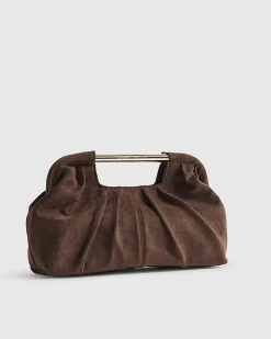 Brown Faux Suede Ruched Clutch Bag