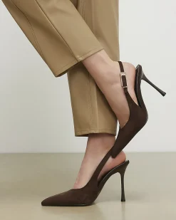Brown Faux Suede Slingback Court Heels