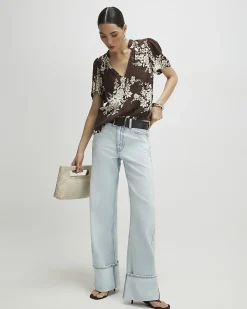 Brown Floral Print Short Sleeve Top