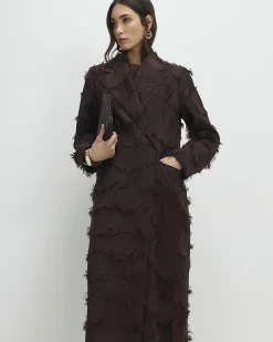 Brown Fringe Jacquard Longline Duster Coat