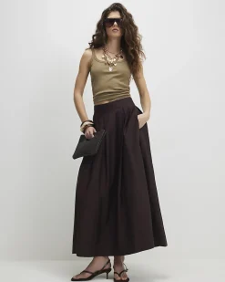 Brown Full A Line Cotton Blend Midi Skirt