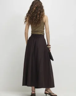 Brown Full A Line Cotton Blend Midi Skirt