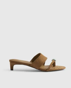 Brown Gem Toe Faux Suede Heeled Sandals