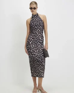 Brown Halter Neck Polka Dot Print Midi Dress