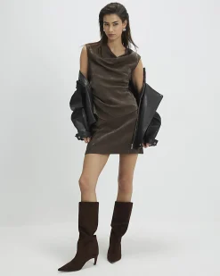 Brown Hammered Faux Leather Ruched Detail Top