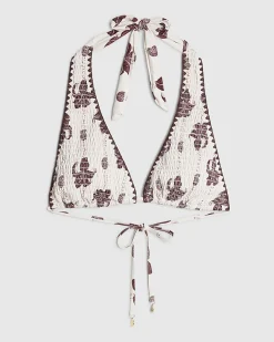 Brown High Apex Shirred Palm Print Bikini Top