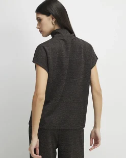 Brown High Neck Glitter Top