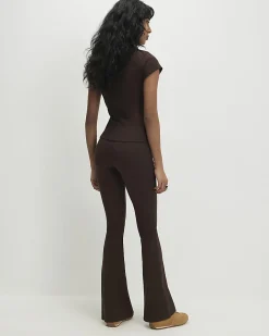 Brown High Waisted Ribbed Flare Leggings