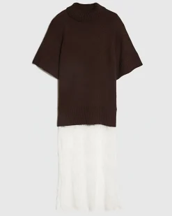 Brown Hybrid Lace Hem Midi Dress