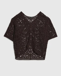 Brown Knitted Crochet Short Sleeve Cardigan