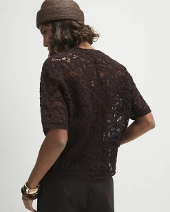 Brown Knitted Crochet Short Sleeve Cardigan