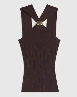 Brown Knitted Halter Neck Brooch Top