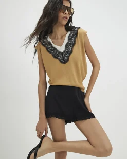 Brown Knitted Lace Trim V Neck Top