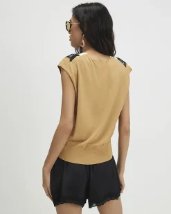 Brown Knitted Lace Trim V Neck Top