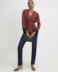 Brown Knot Front Lace Top