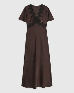 Brown Lace Satin Short Sleeve Slip Maxi Dress