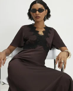 Brown Lace Satin Short Sleeve Slip Maxi Dress
