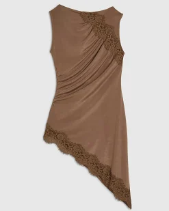 Brown Lace Trim Asymmetric Tunic Top