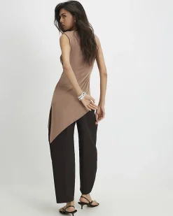 Brown Lace Trim Asymmetric Tunic Top