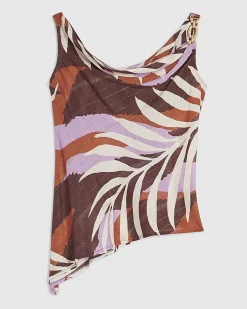 Brown Leaf Print Chain Strap Top