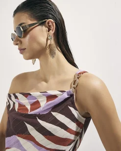 Brown Leaf Print Chain Strap Top