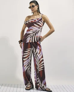 Brown Leaf Print Wide Leg Trousers